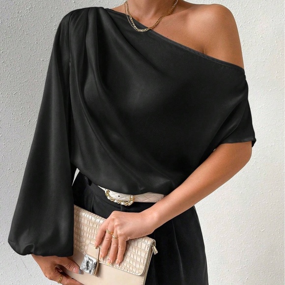 Classic Solid One Shoulder Ruched Blouse - Picture 10 of 12